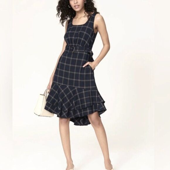 Dresses & Skirts - Great Jones Navy Plaid sleeveless flounce hem belted Dress Small